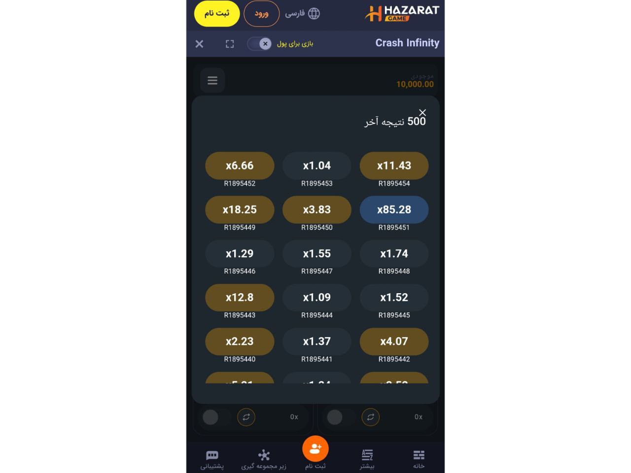 تاریخچه ضرایب در بازی انفجار